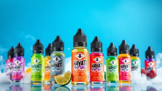 Image of Hayati Pro Max Nic Salt bottles in various flavors, showcasing vibrant packaging and available nicotine strengths.