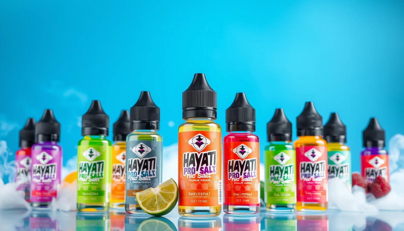 Image of Hayati Pro Max Nic Salt bottles in various flavors, showcasing vibrant packaging and available nicotine strengths.