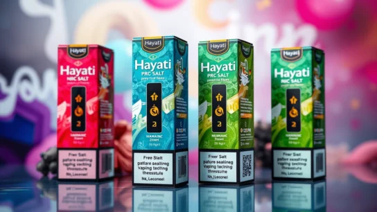 Packaging of Hayati Pro Max Nic Salt e-liquid showcasing vibrant flavors and nicotine options