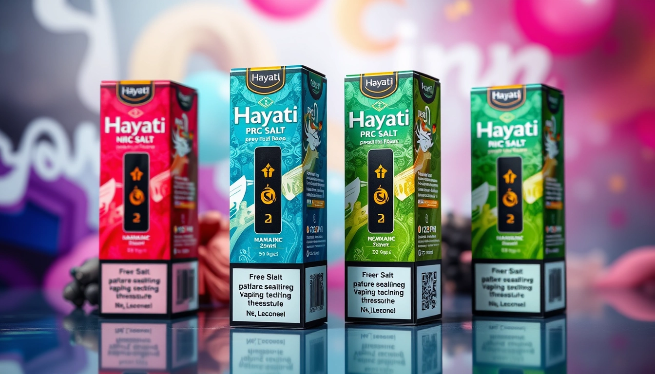 Packaging of Hayati Pro Max Nic Salt e-liquid showcasing vibrant flavors and nicotine options