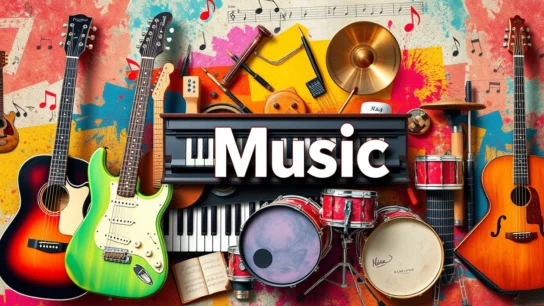 A collage of various musical instruments representing different genres of Music, including guitar, piano, and drums.