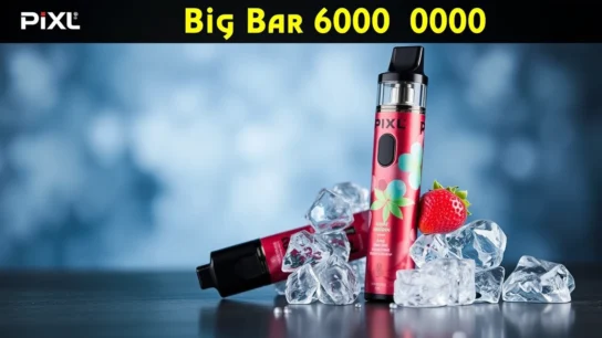 Image showcasing the Big Bar 6000 disposable vape, highlighting its sleek design, lush flavors like Watermelon Ice, and features such as rechargeable battery and boost mode.